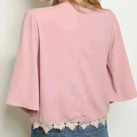 V-Neck Wide Top with Lace Trim and Bow Tie Detail - Picture 5 of 6